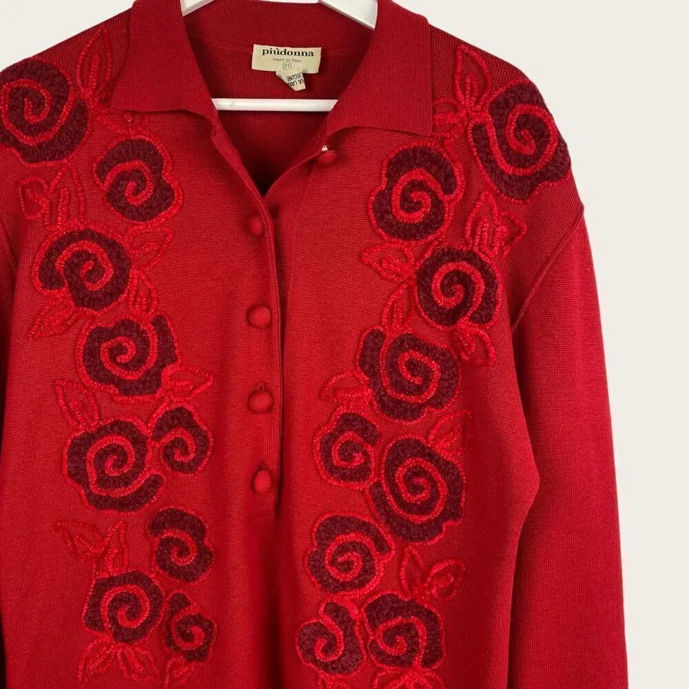 Rare Piudonna Red Virgin Wool Crewelwork Dress